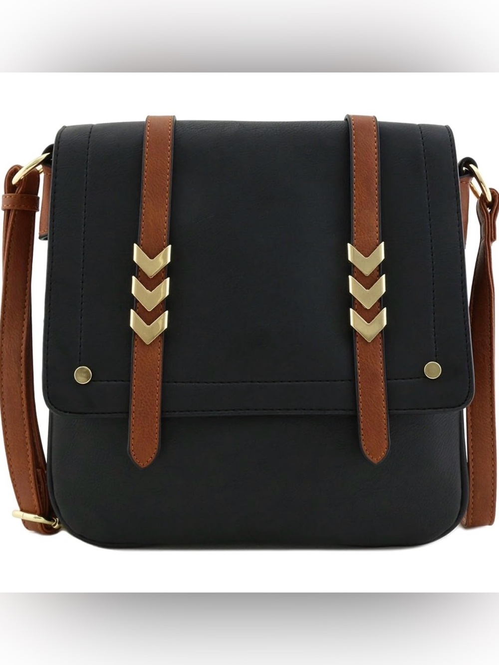 Black and Brown Crossbody Bag with Gold Chevron Accents